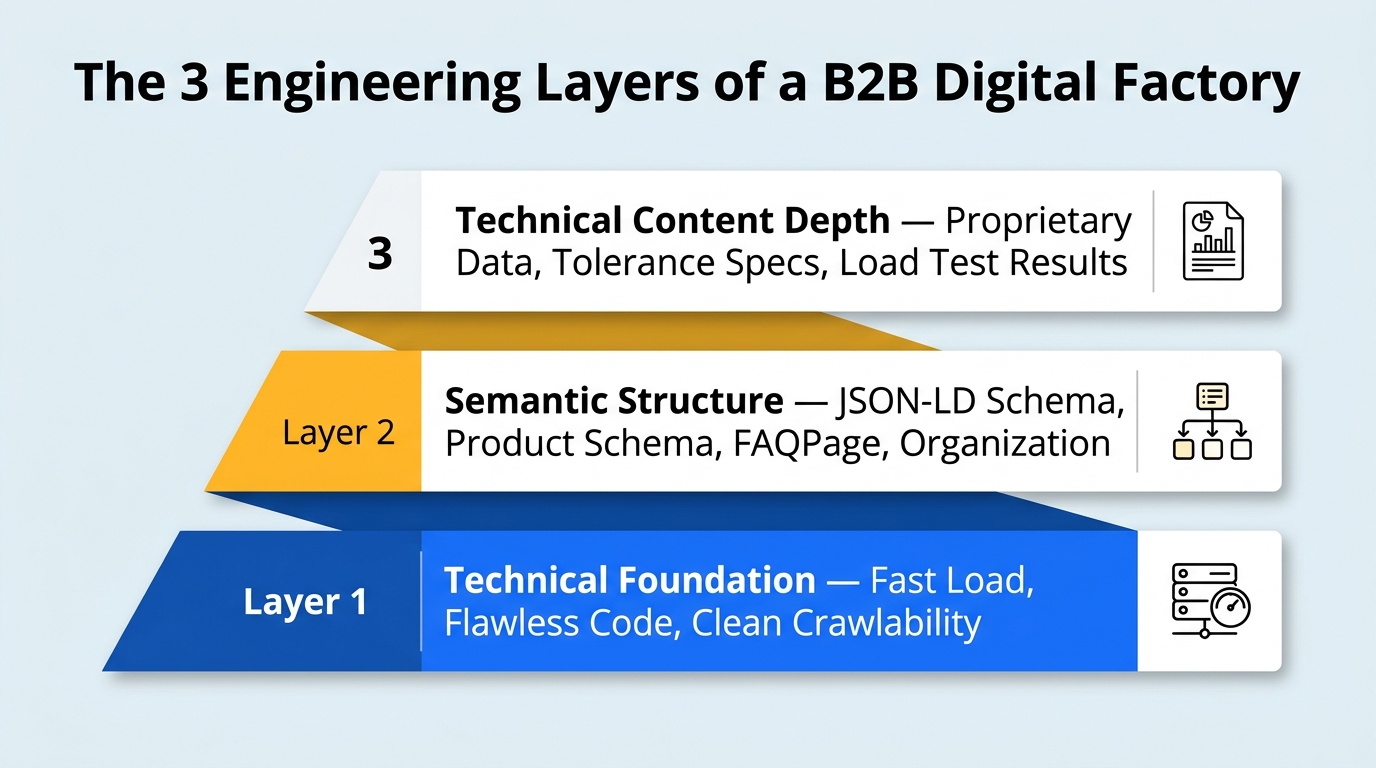 The 3 engineering layers of a B2B digital factory: Technical Foundation, Semantic Structure, and Technical Content Depth