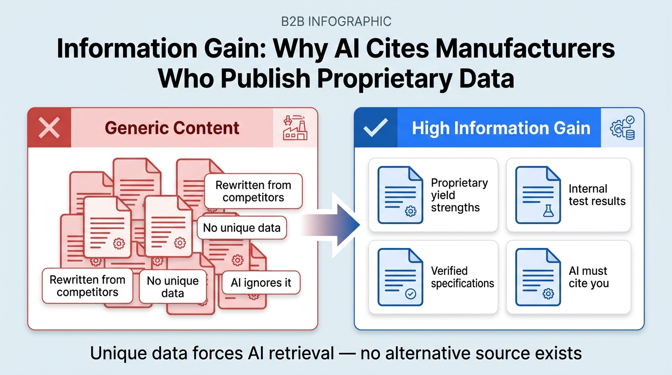 Comparison showing generic rewritten content that AI ignores versus high information gain proprietary data that forces AI citation
