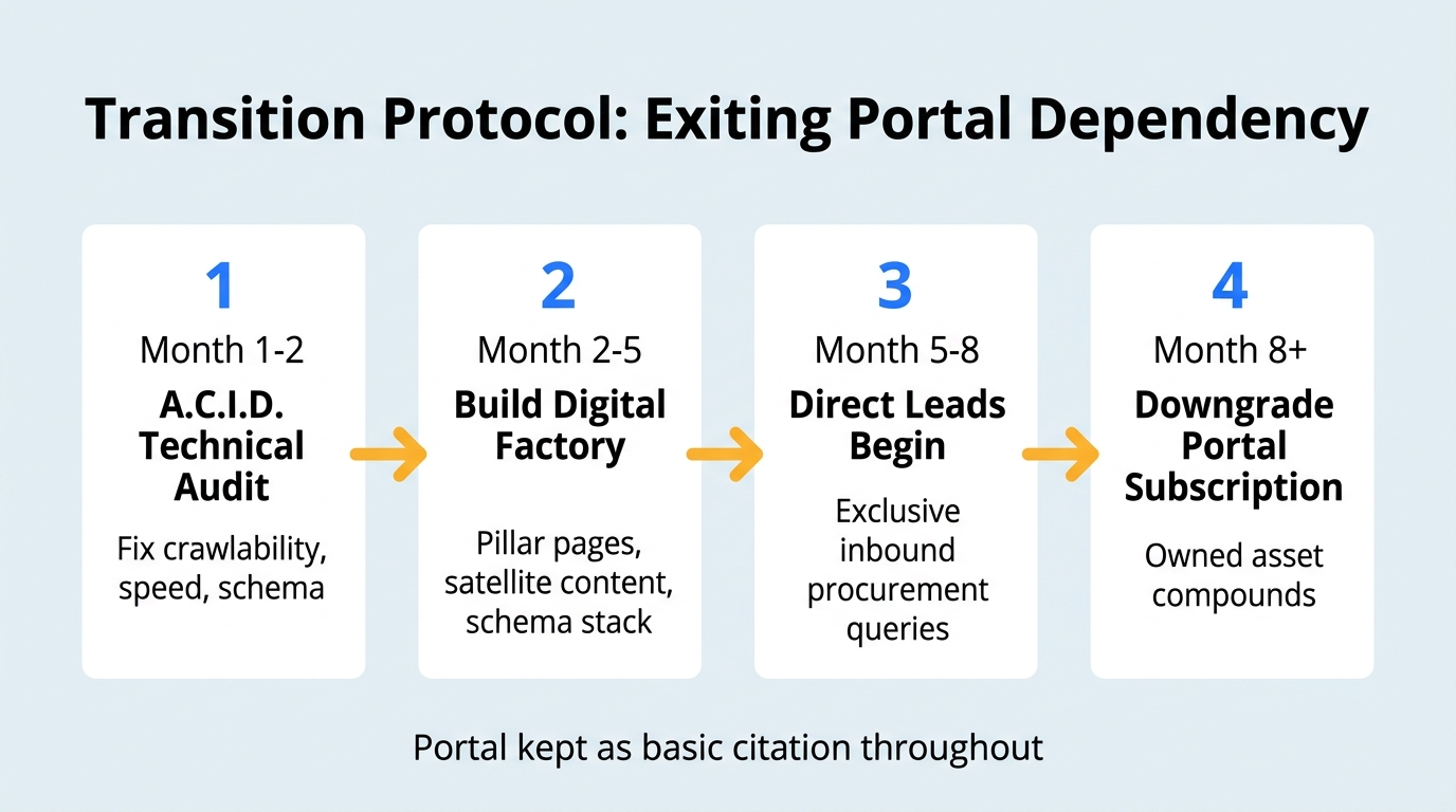 Timeline showing the 4-phase transition protocol from IndiaMART dependency to an owned B2B digital factory over 8+ months
